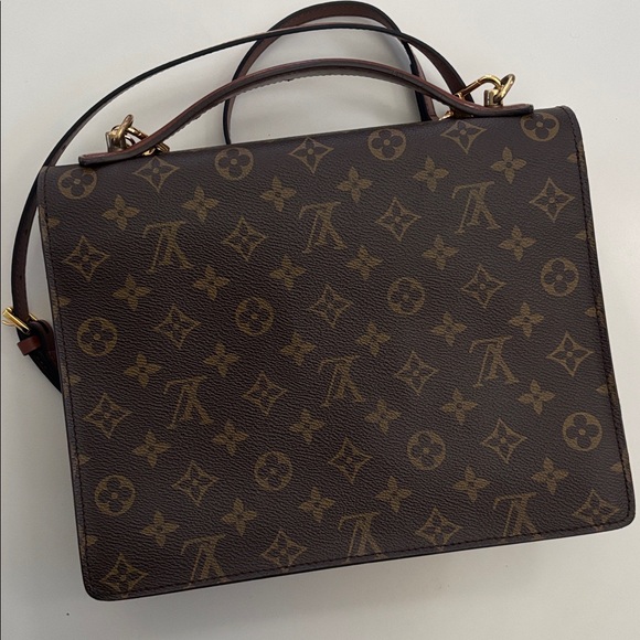 Louis Vuitton Monceau 28 Brown Tan Monogram Crossbody Purse Satchel Gold Accents - Picture 9 of 17